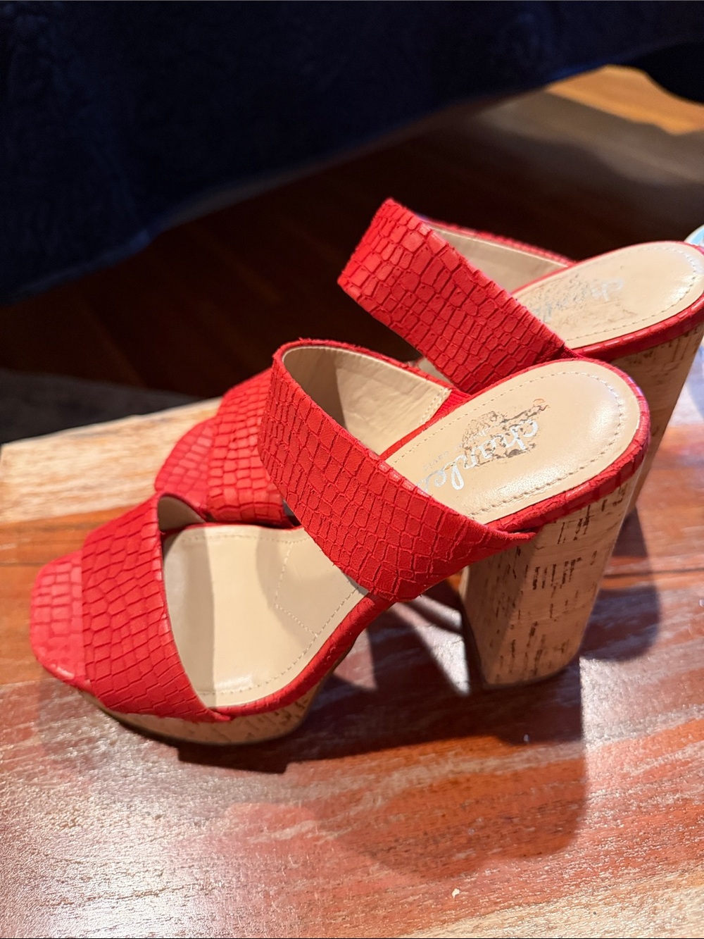 Charles David Red Textured Double-Strap Block Heel Sandals